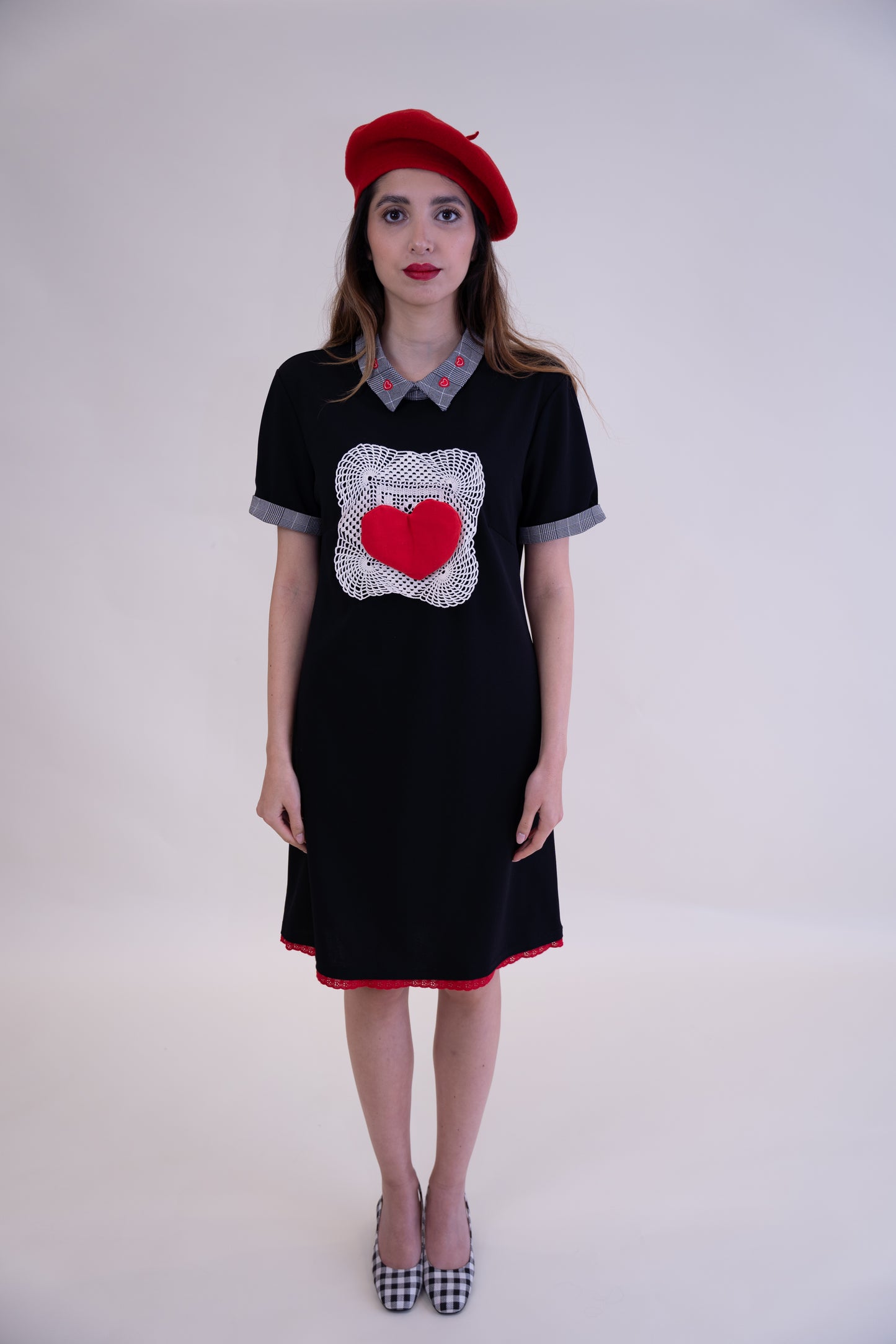 Upcycled Black Dress with Red Trim & Heart Details