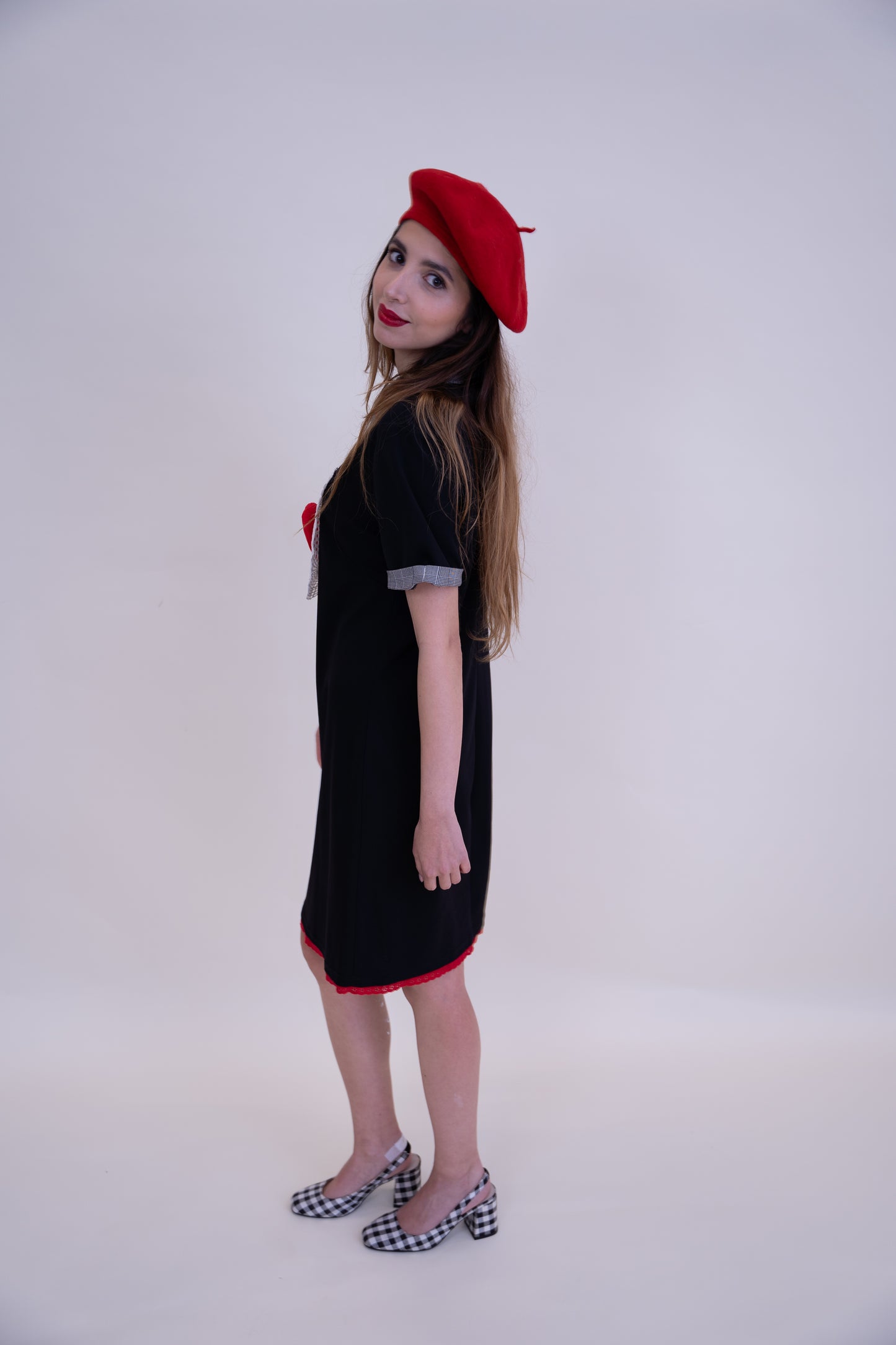 Upcycled Black Dress with Red Trim & Heart Details