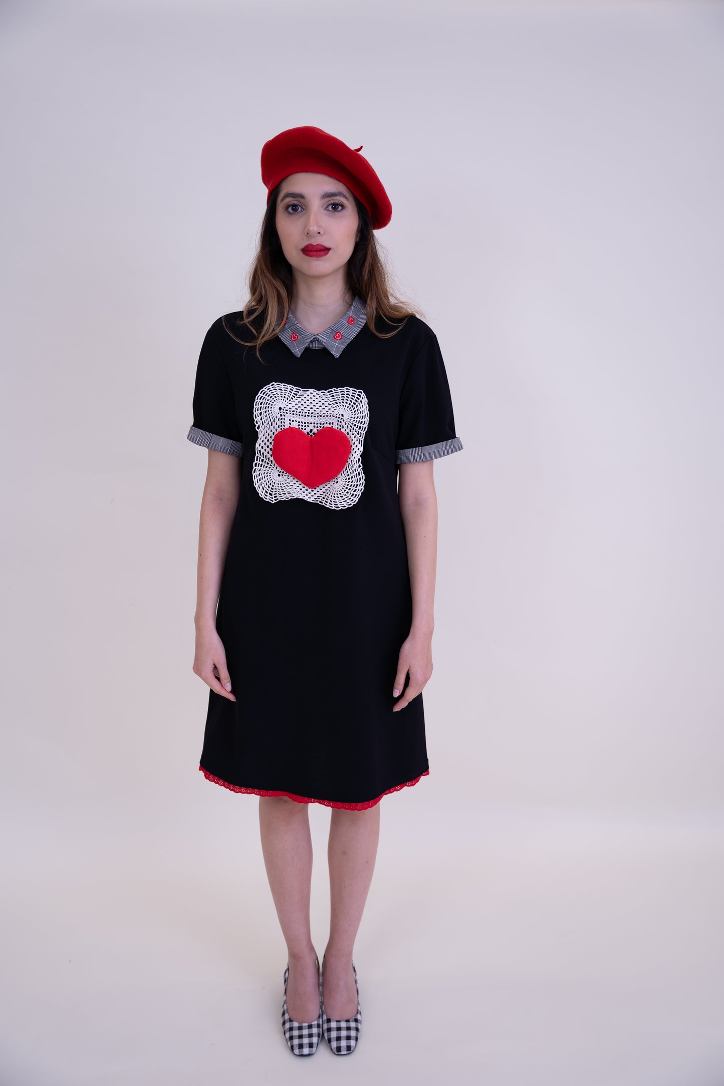 Upcycled Black Dress with Red Trim & Heart Details