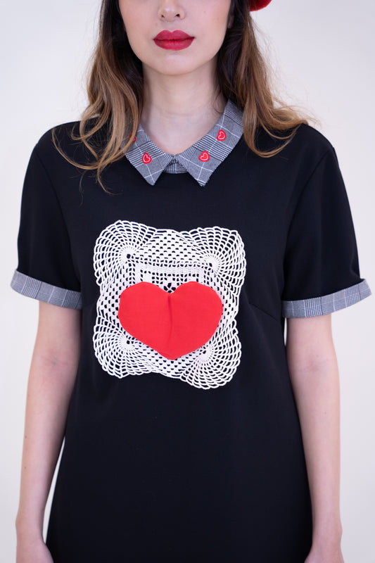 Upcycled Black Dress with Red Trim & Heart Details