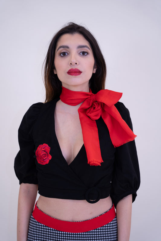 Upcycled Black Velvet 3-Quarter Sleeve Top with Bold Red Rose Patchwork