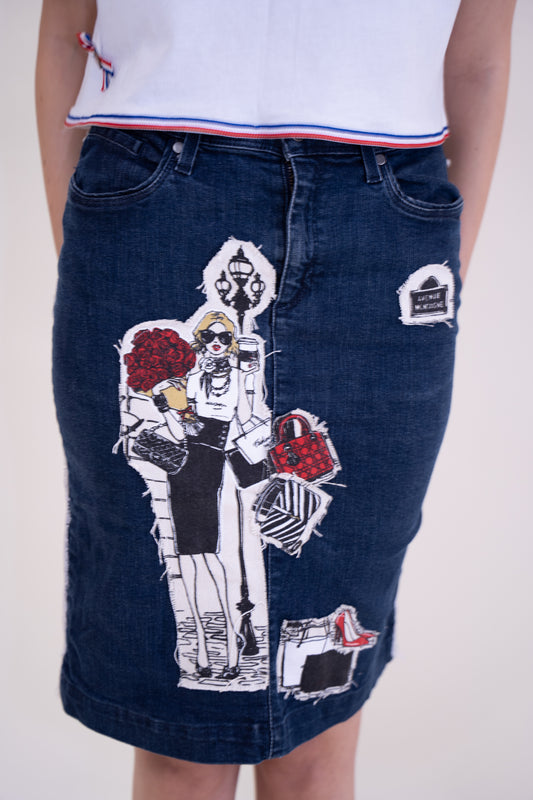 Upcycled Denim Elastic Skirt with Parisienne-Inspired Patchwork and Lace