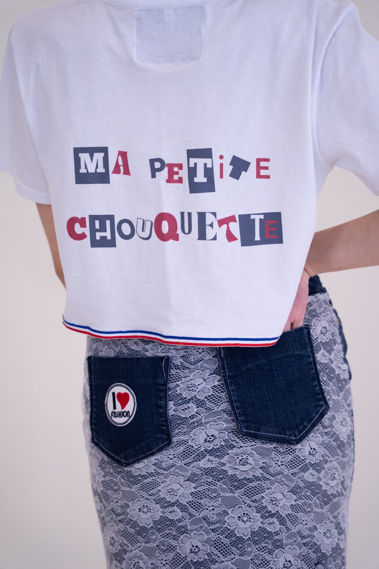 Upcycled Denim Elastic Skirt with Parisienne-Inspired Patchwork and Lace