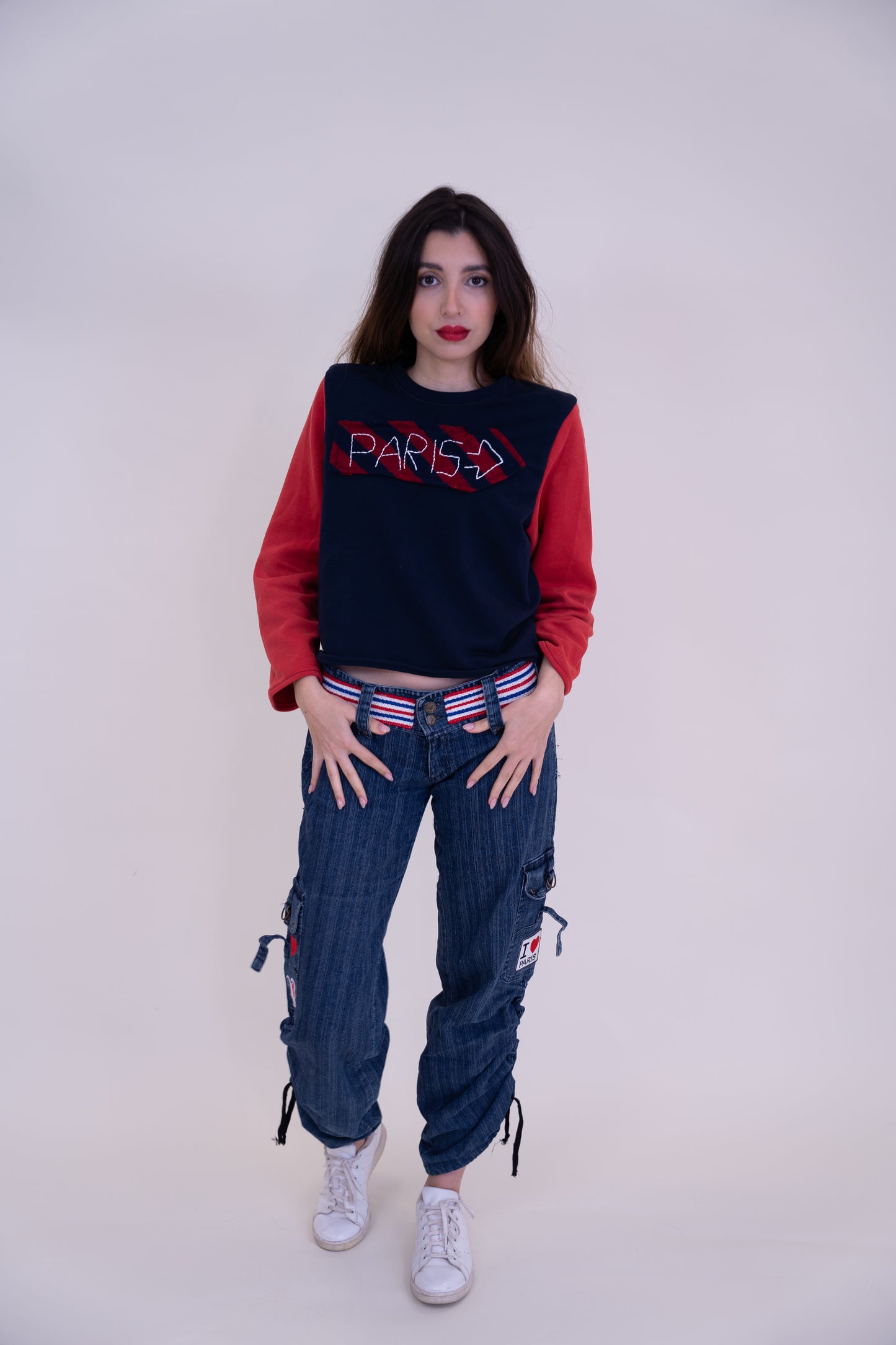 Upcycled Low-Waist Elastic Denim Jeans with French-Inspired Patchwork