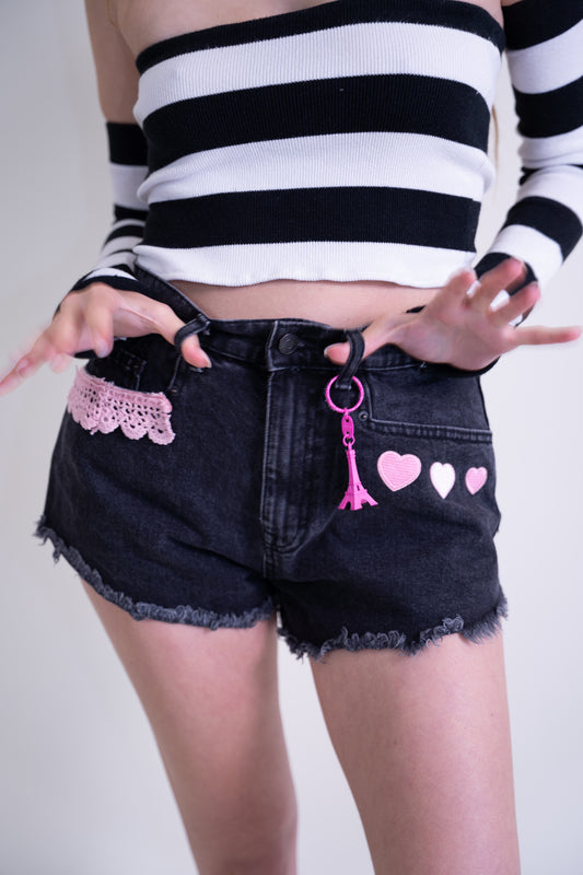 Upcycled Black Denim Shorts with Parisian Pink Details