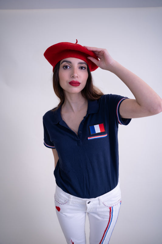 Upcycled Navy Short Sleeve T-shirt with French Flag Patchwork