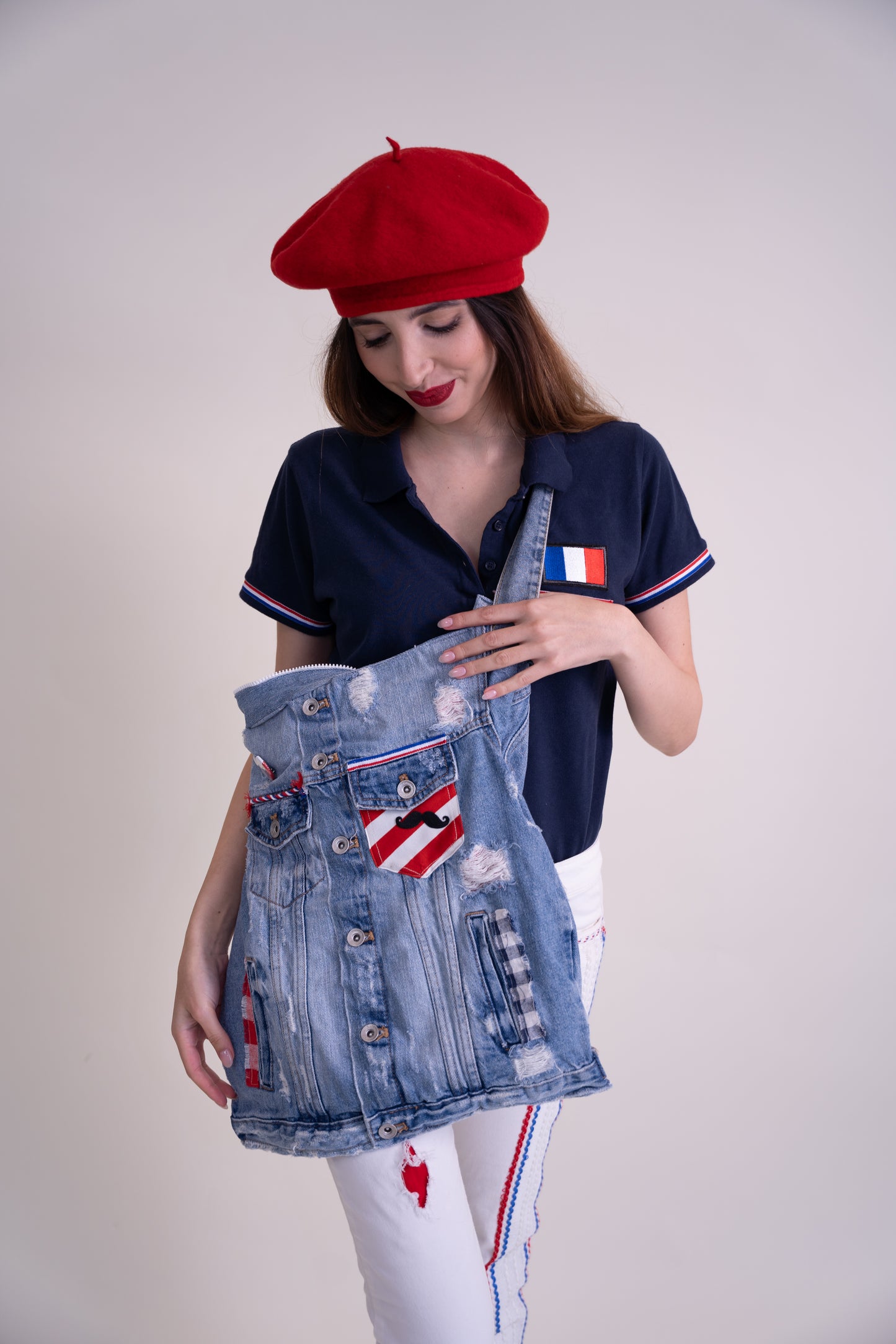 Upcycled Navy Short Sleeve T-shirt with French Flag Patchwork