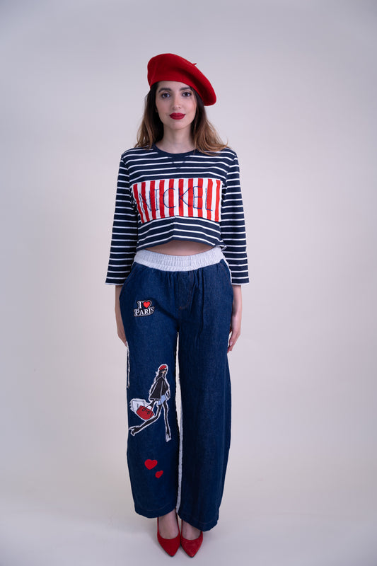 Upcycled Nautical-Inspired Crop Top with Puffed Sleeves & Parisian Embroidery