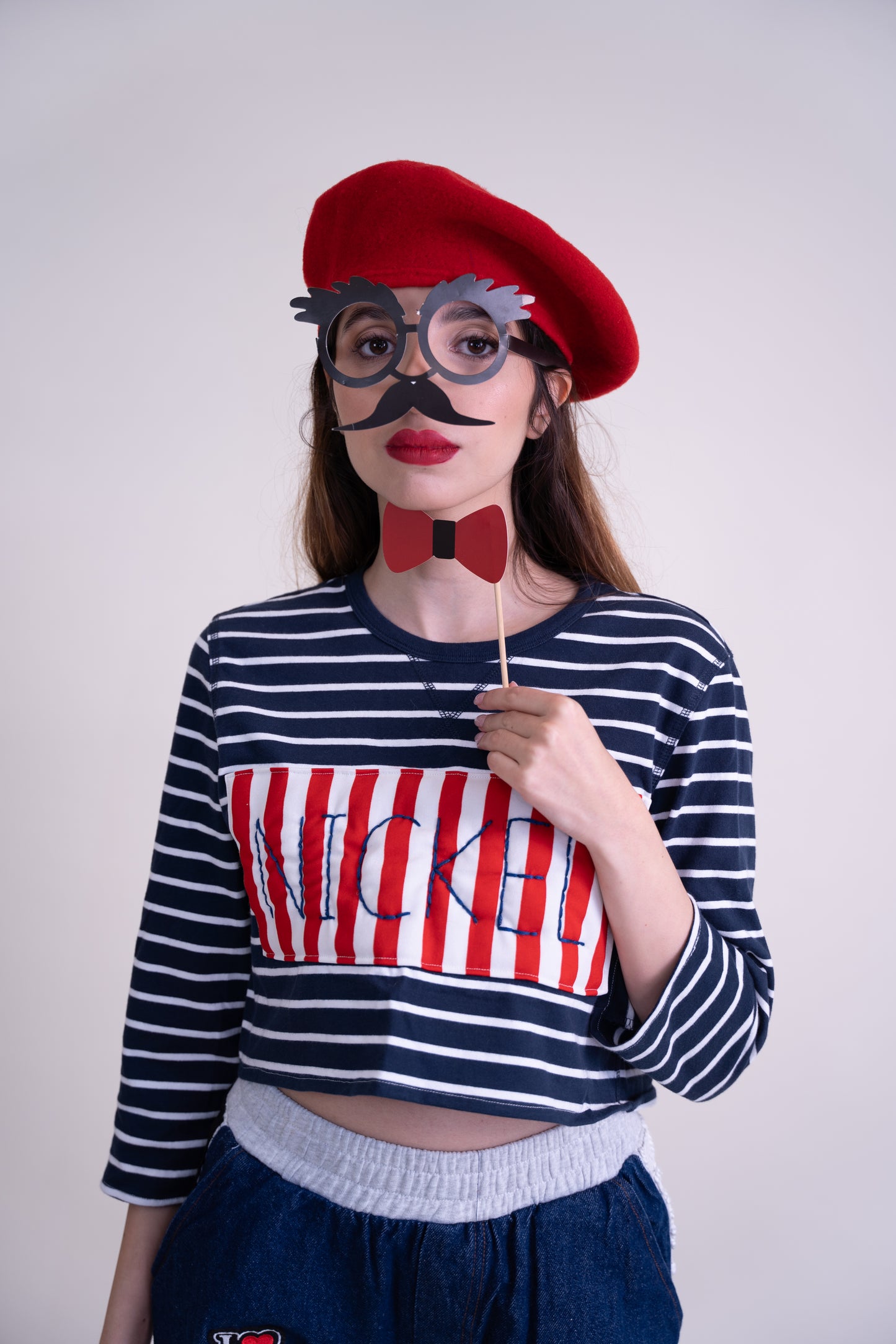 Upcycled Nautical-Inspired Crop Top with Puffed Sleeves & Parisian Embroidery