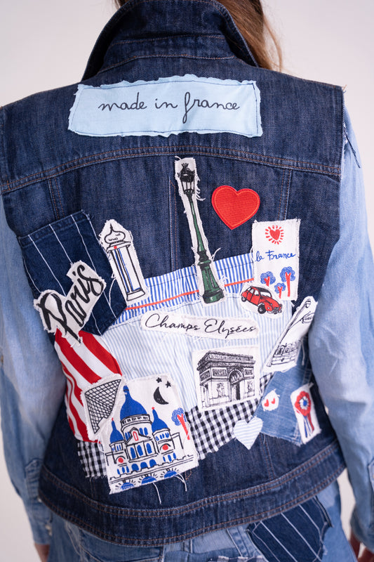 Upcycled Sleeveless Denim Jacket with Parisian Patchwork