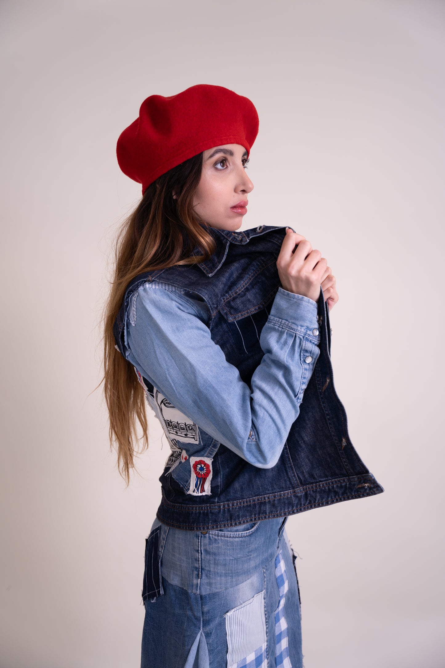 Upcycled Sleeveless Denim Jacket with Parisian Patchwork
