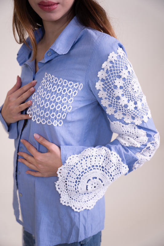 Upcycled Sky Blue Long-Sleeve Shirt with Embroidered Lace