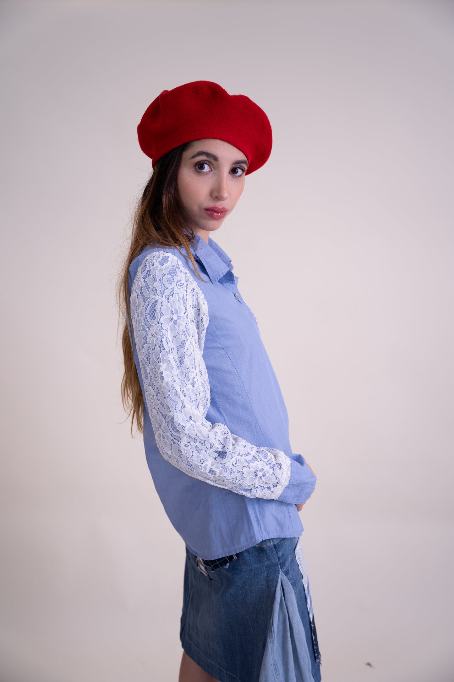 Upcycled Sky Blue Long-Sleeve Shirt with Embroidered Lace