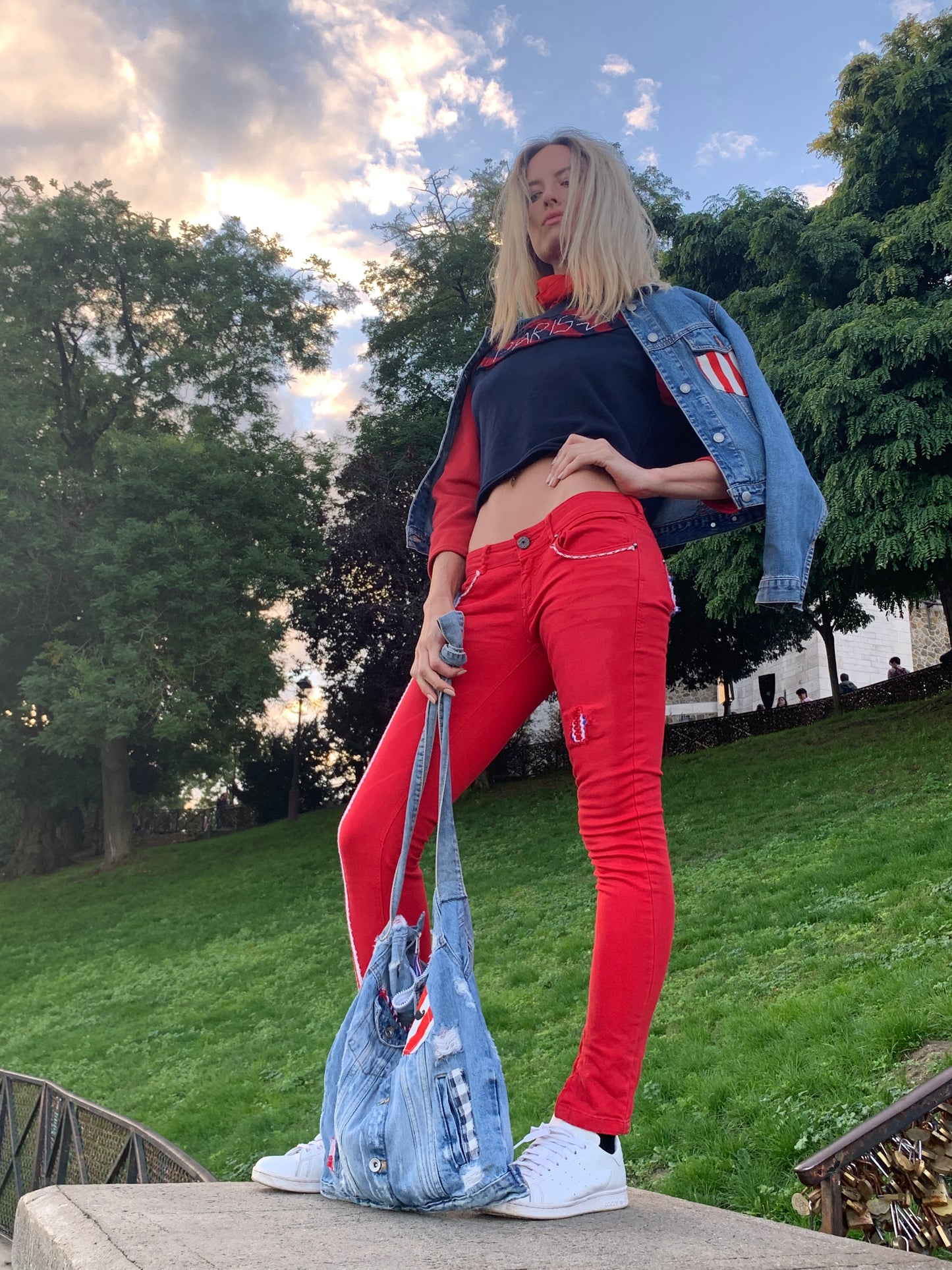 Upcycled Red Denim Jeans with French-Inspired Patchwork