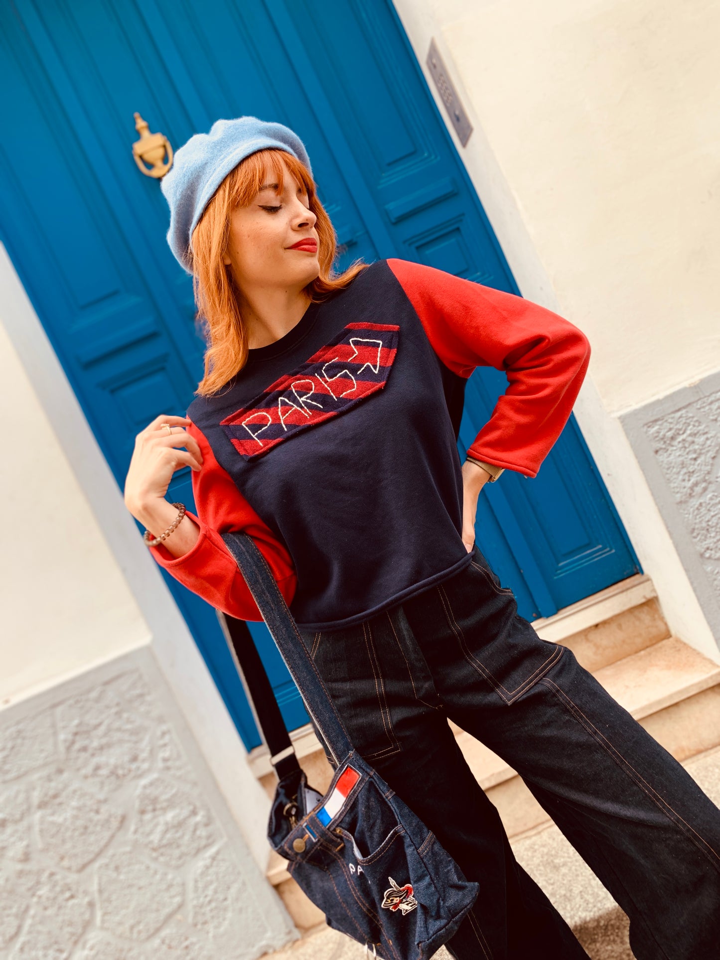 Upcycled Navy & Red Color-Sweater with Parisian “PARIS” Embroidery