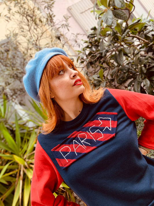 Upcycled Navy & Red Color-Sweater with Parisian “PARIS” Embroidery
