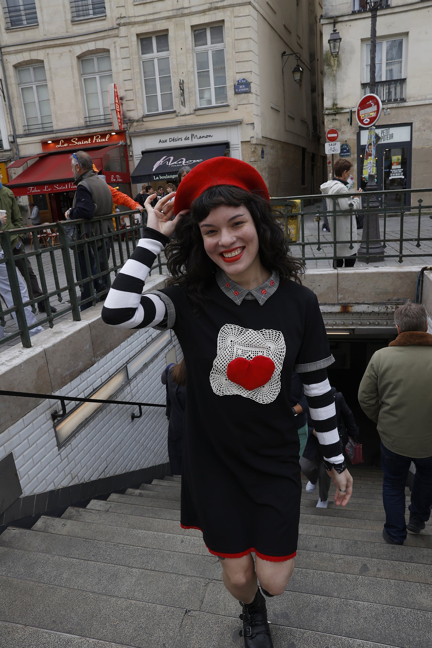 Upcycled Black Dress with Red Trim & Heart Details