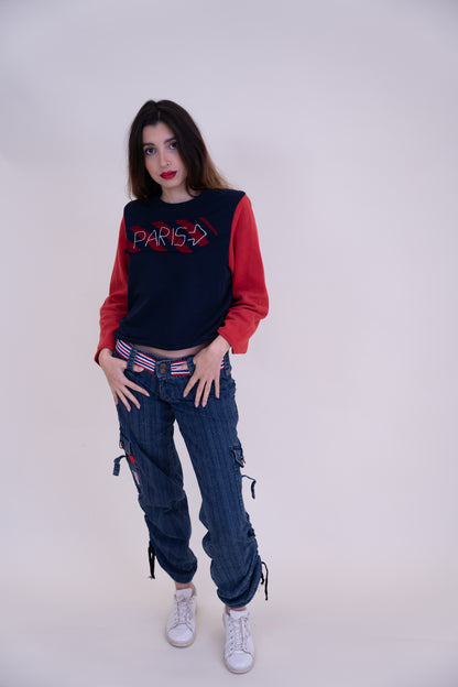 Upcycled Navy & Red Color-Sweater with Parisian “PARIS” Embroidery