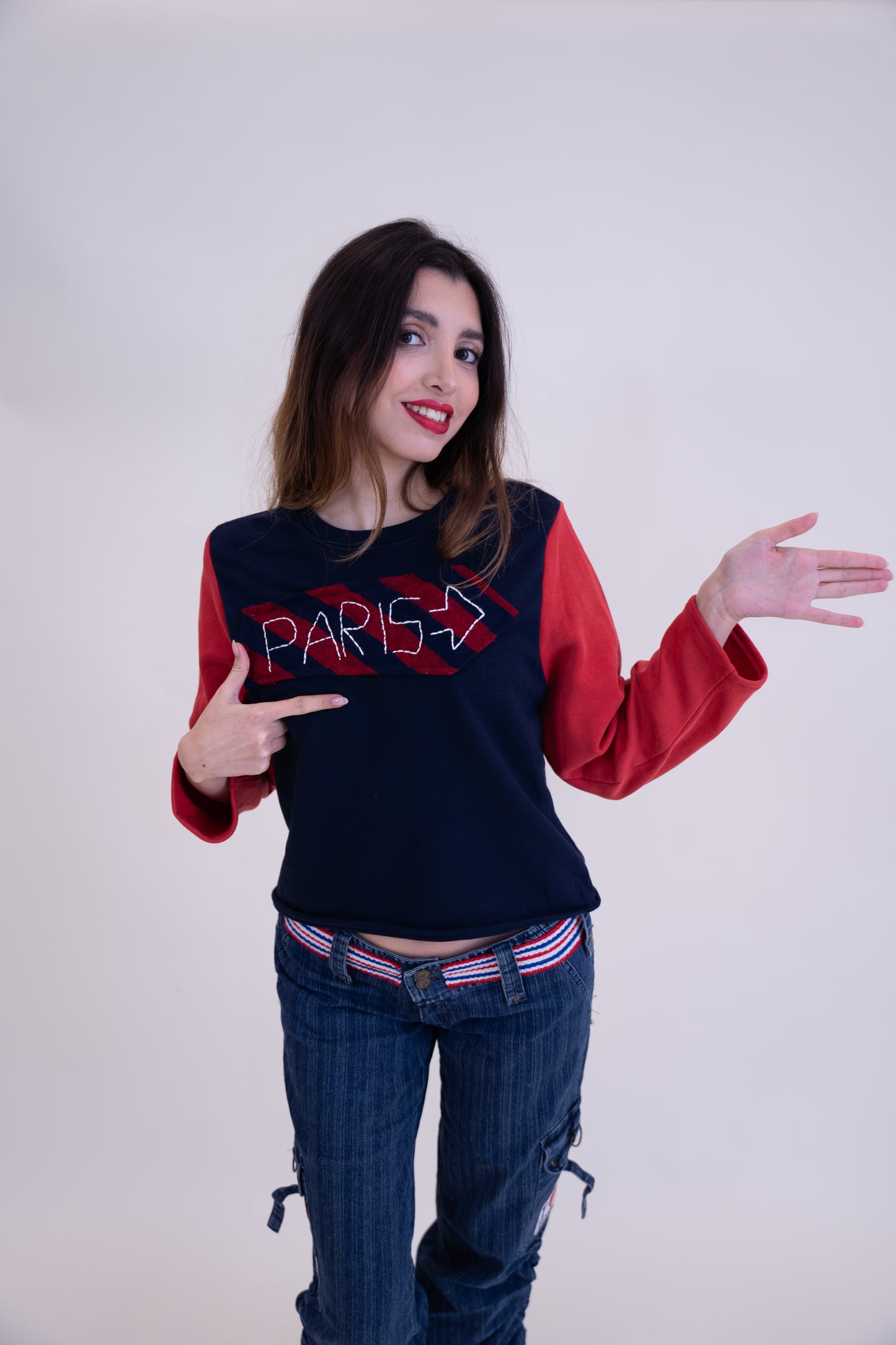 Upcycled Navy & Red Color-Sweater with Parisian “PARIS” Embroidery