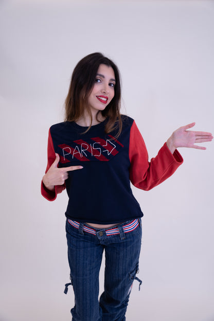 Upcycled Navy & Red Color-Sweater with Parisian “PARIS” Embroidery