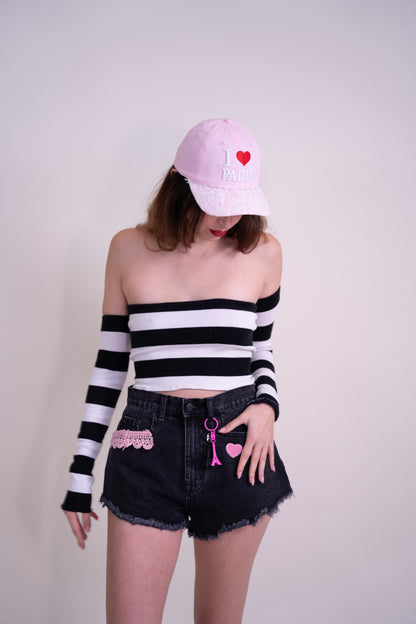 Upcycled Black Denim Shorts with Parisian Pink Details