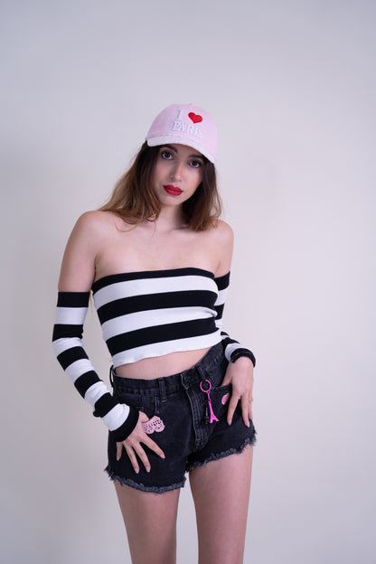 Upcycled Black Denim Shorts with Parisian Pink Details