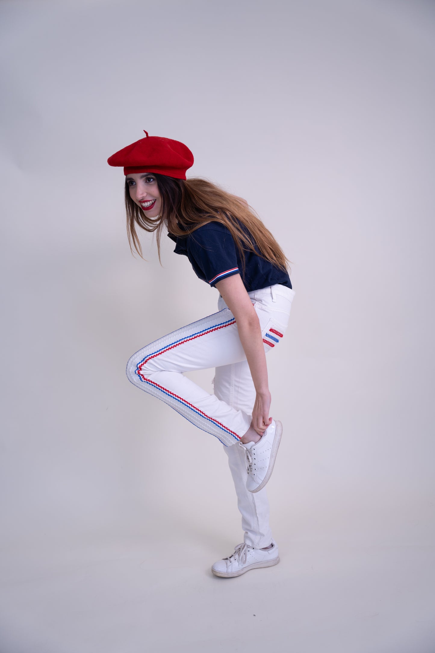 Upcycled White Denim Jeans with French-Inspired Patchwork