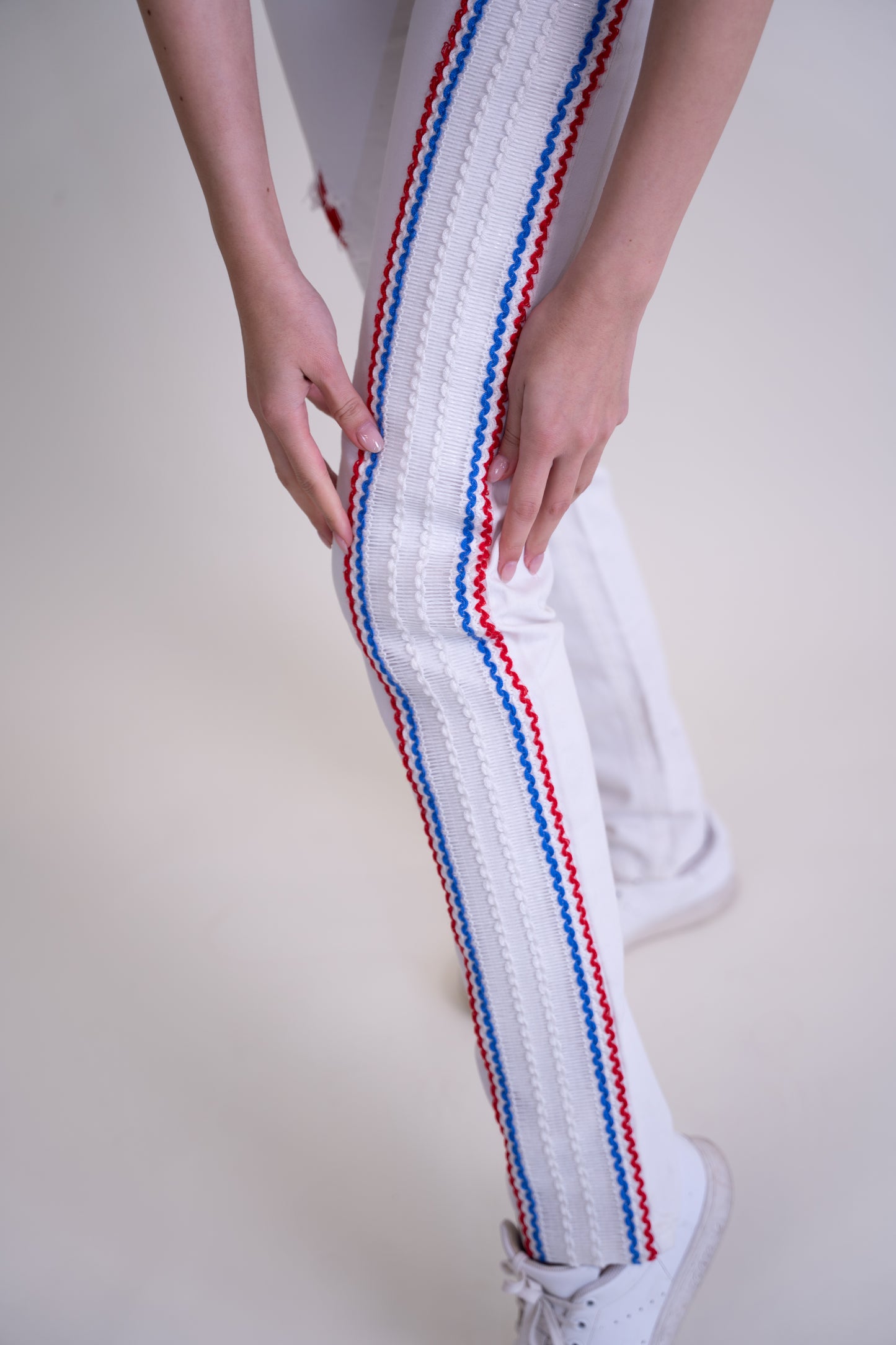 Upcycled White Denim Jeans with French-Inspired Patchwork