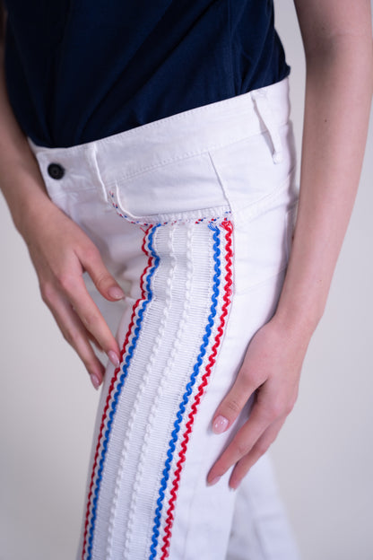 Upcycled White Denim Jeans with French-Inspired Patchwork