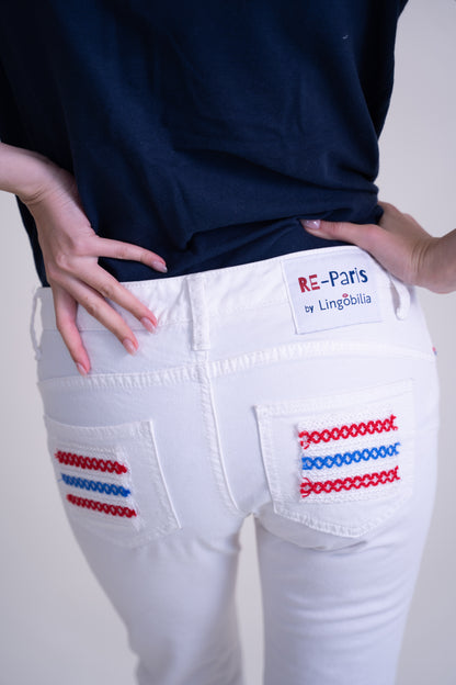 Upcycled White Denim Jeans with French-Inspired Patchwork