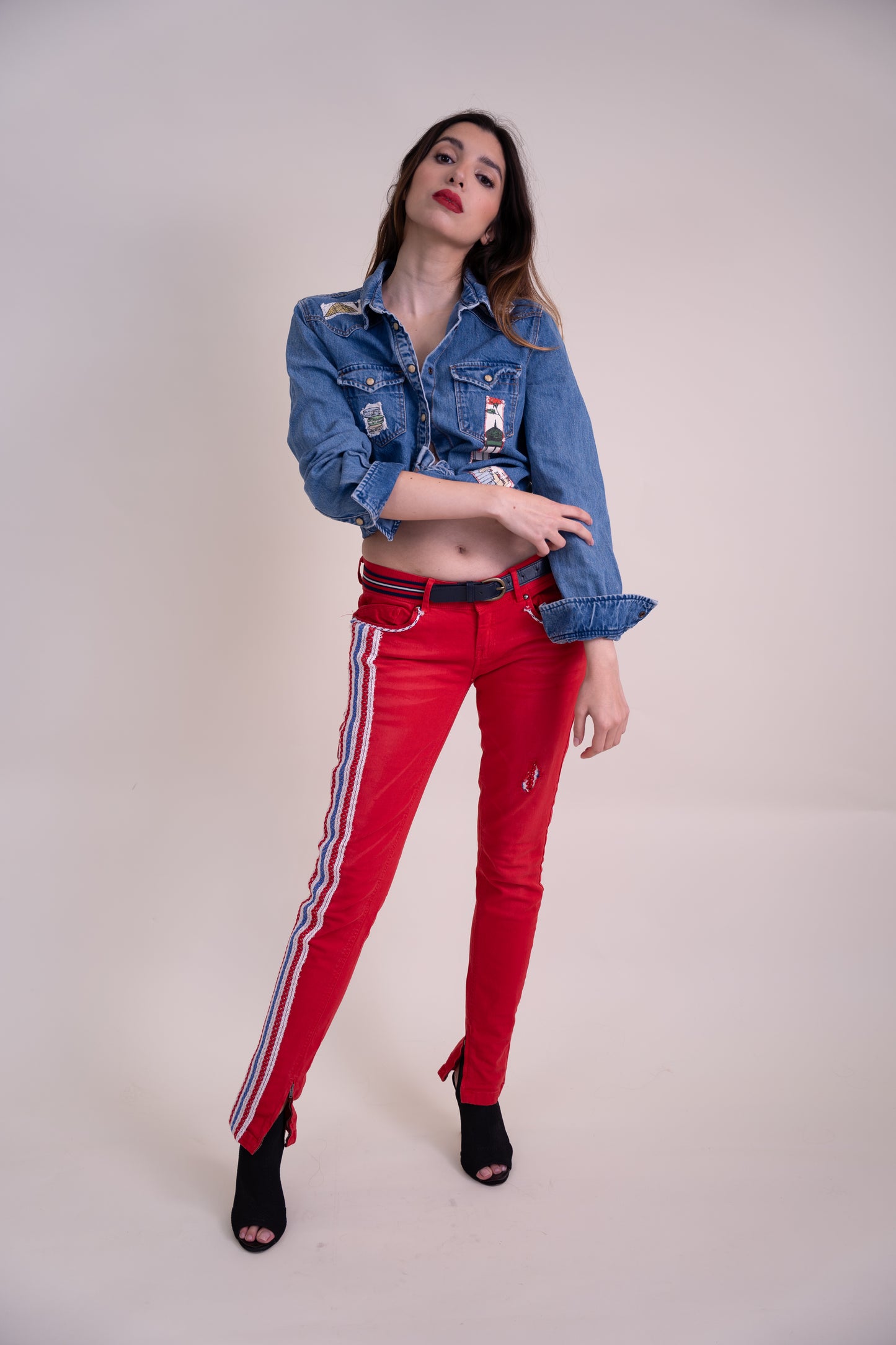 Upcycled Red Denim Jeans with French-Inspired Patchwork