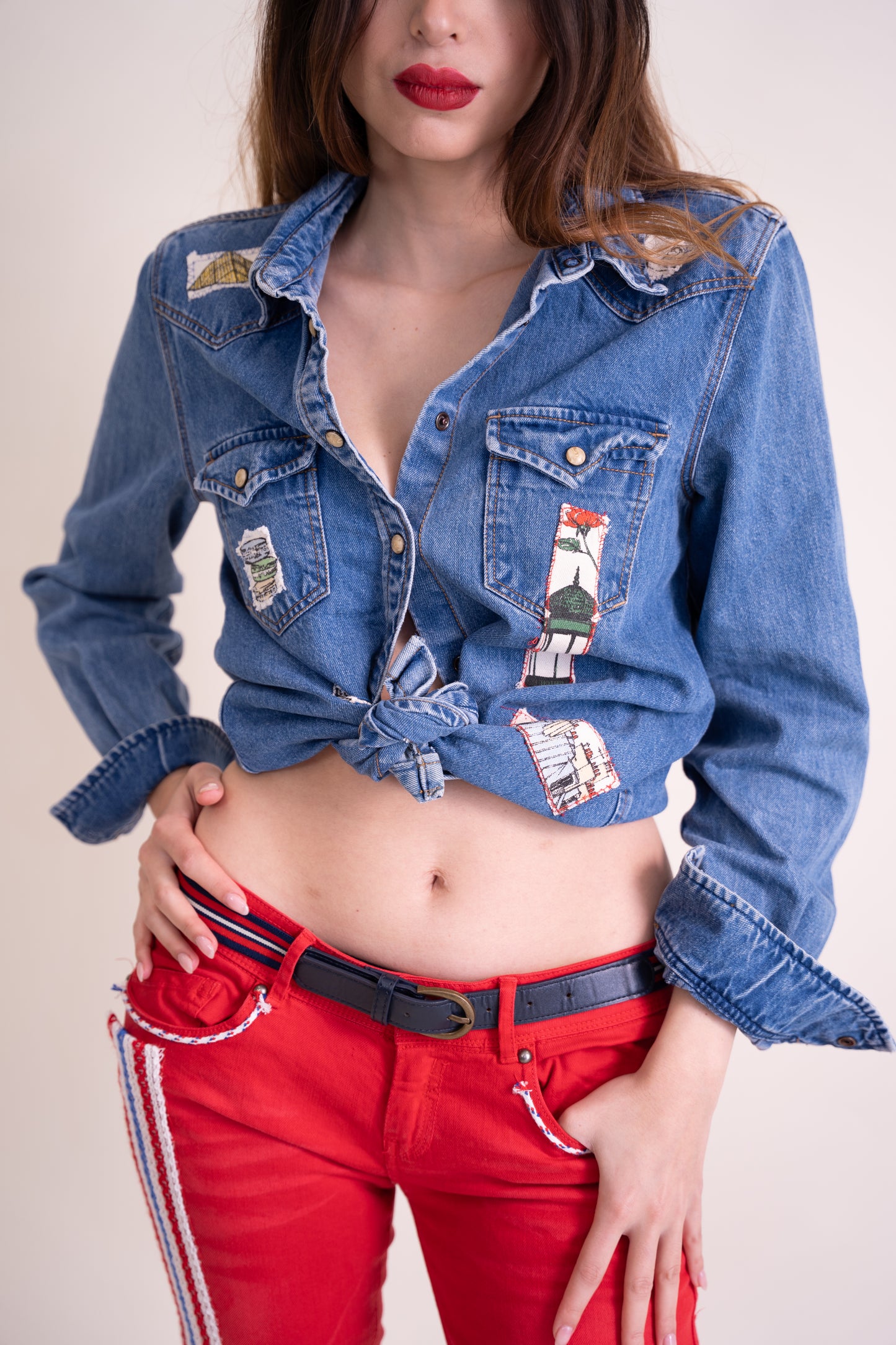 Upcycled Red Denim Jeans with French-Inspired Patchwork