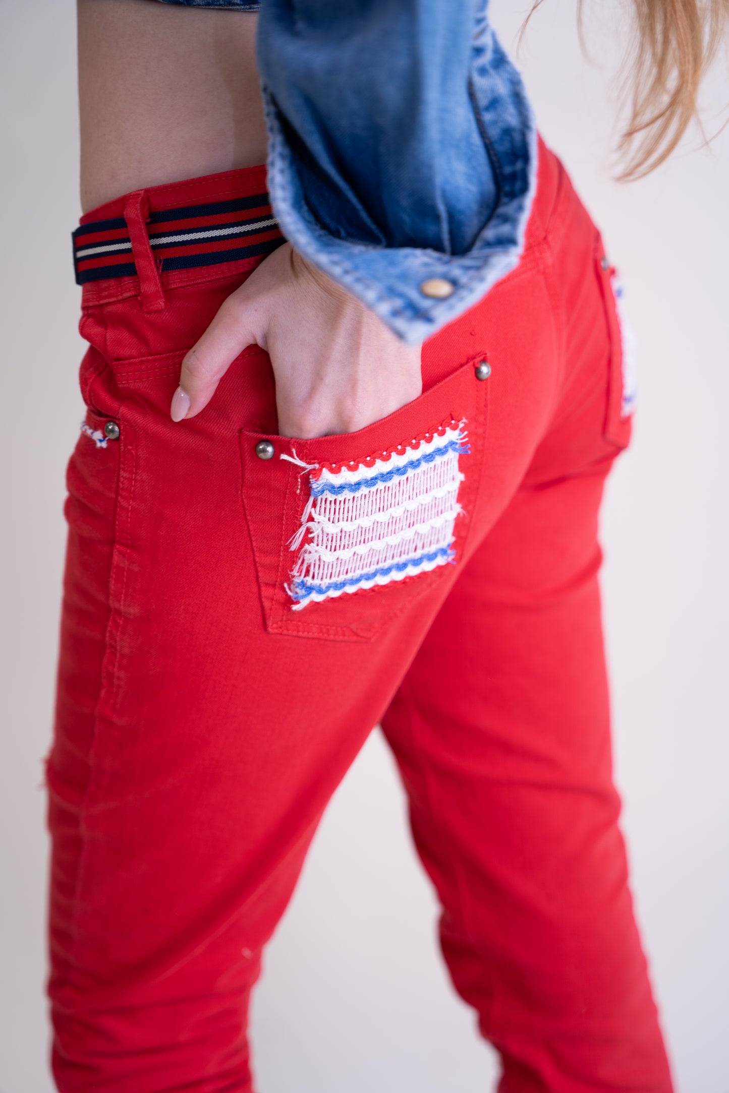 Upcycled Red Denim Jeans with French-Inspired Patchwork