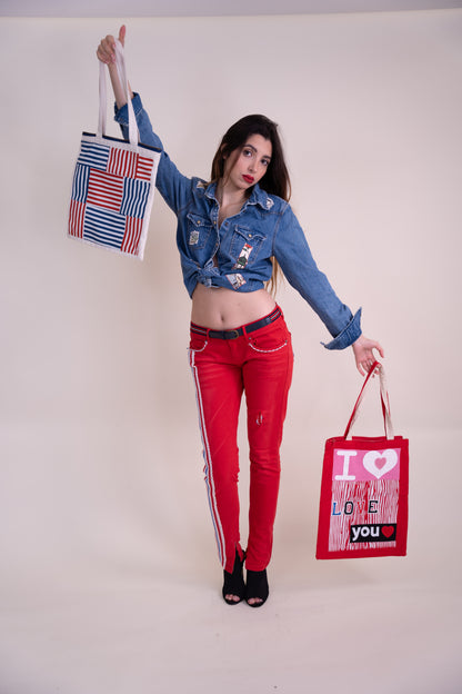 Upcycled Red Denim Jeans with French-Inspired Patchwork