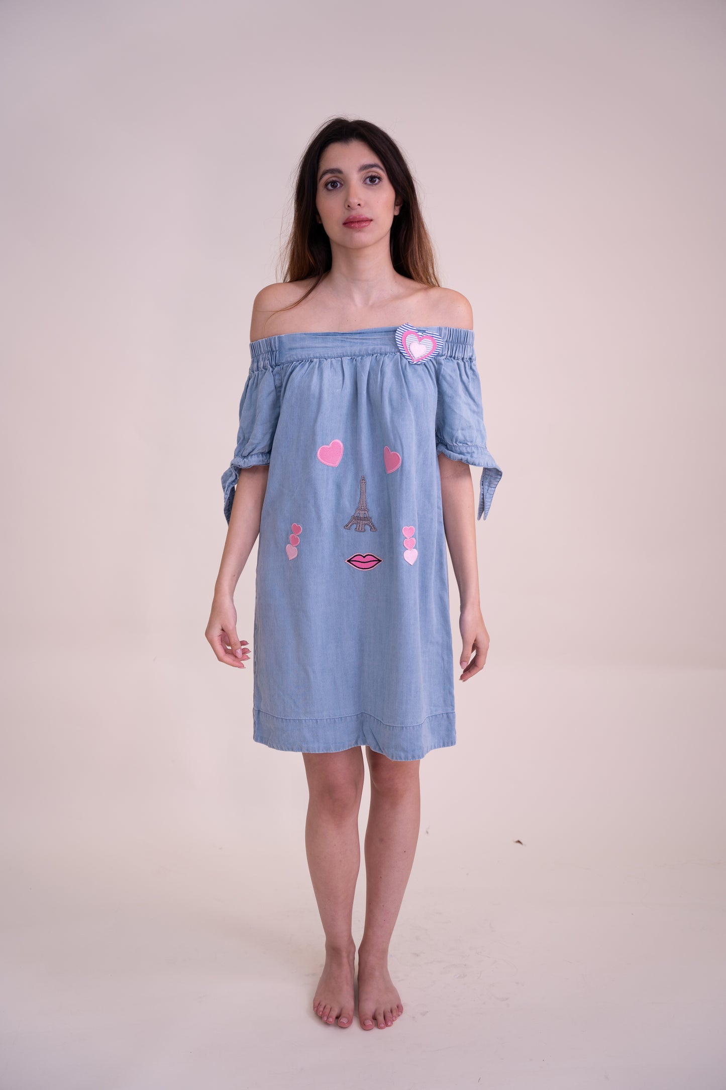 Upcycled Sky Blue Off-Shoulder Dress with Playful Parisian Embroidery