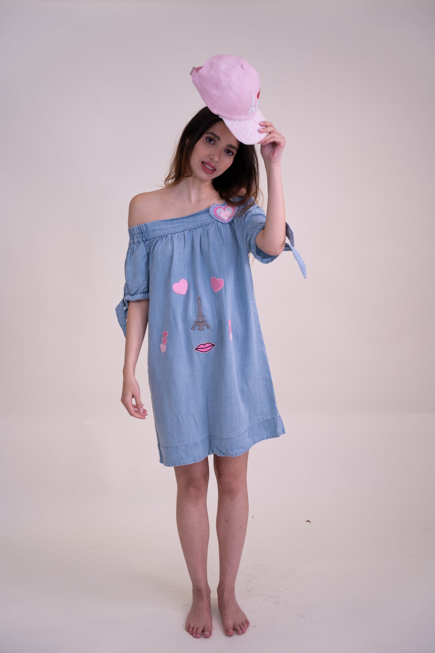 Upcycled Sky Blue Off-Shoulder Dress with Playful Parisian Embroidery