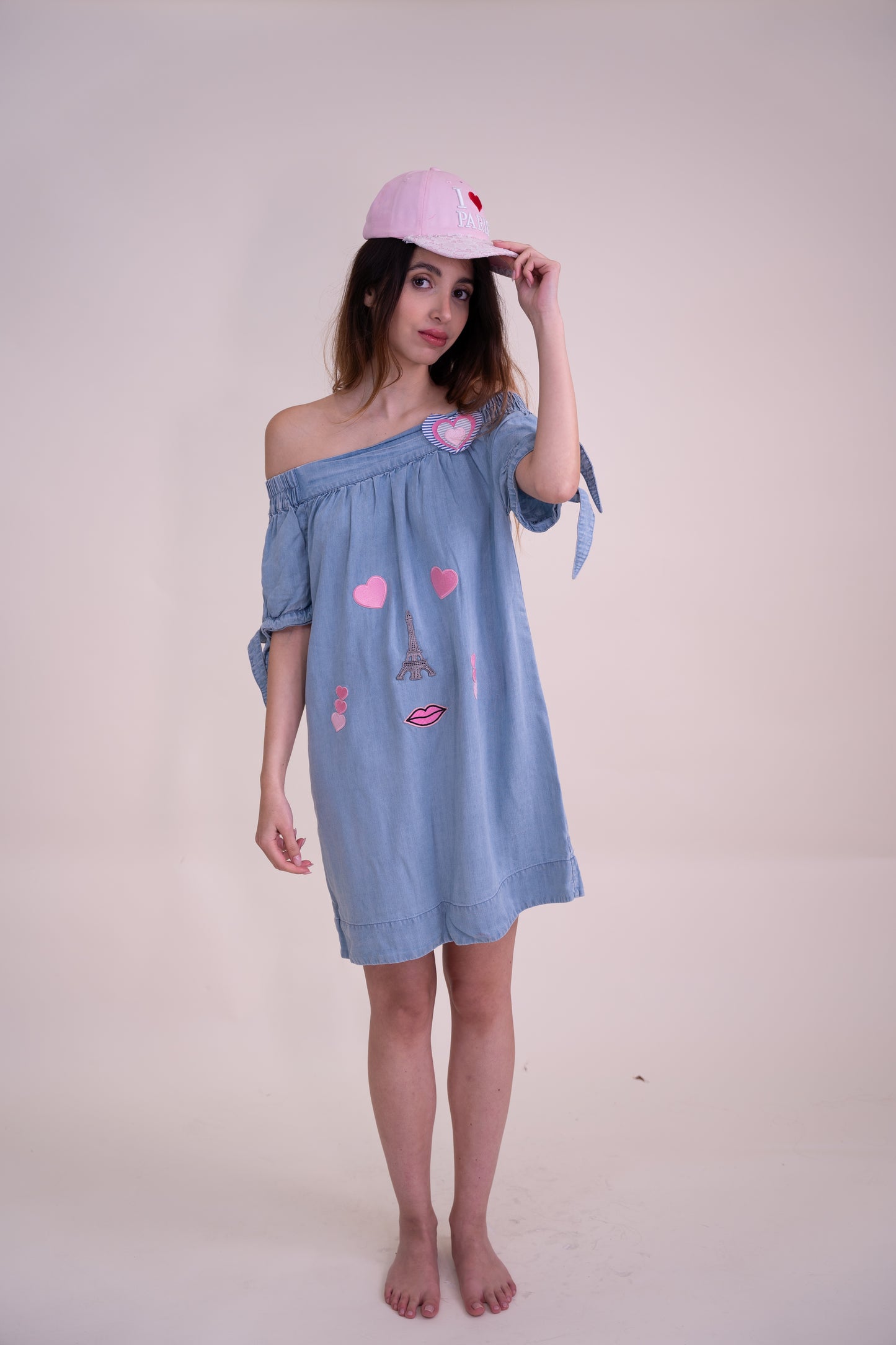 Upcycled Sky Blue Off-Shoulder Dress with Playful Parisian Embroidery