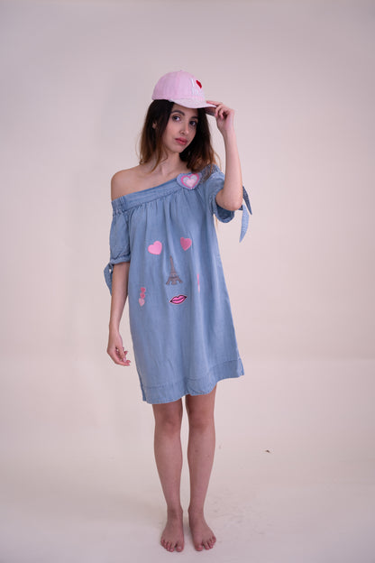 Upcycled Sky Blue Off-Shoulder Dress with Playful Parisian Embroidery
