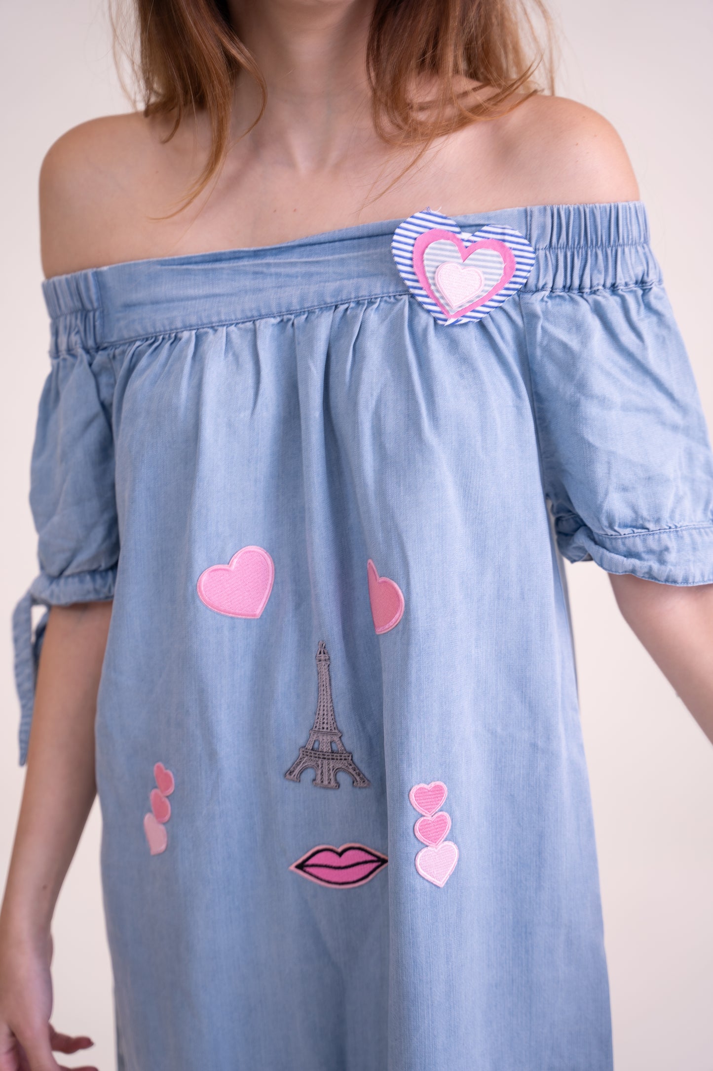 Upcycled Sky Blue Off-Shoulder Dress with Playful Parisian Embroidery