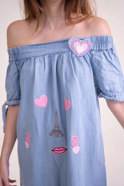Upcycled Sky Blue Off-Shoulder Dress with Playful Parisian Embroidery