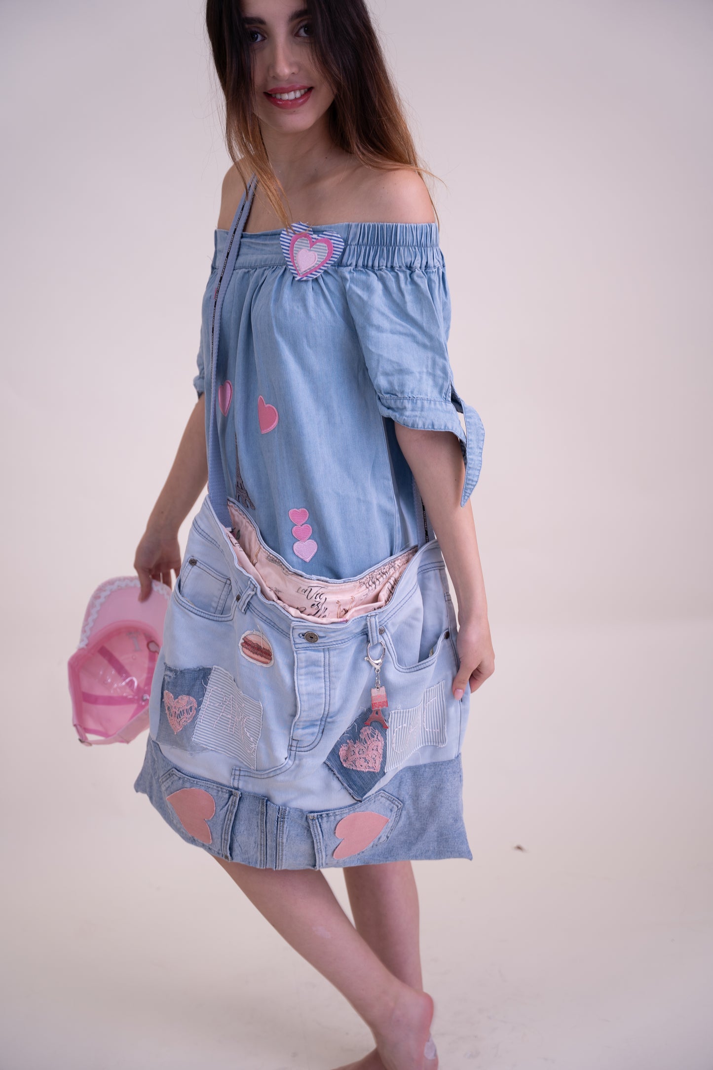 Upcycled Sky Blue Off-Shoulder Dress with Playful Parisian Embroidery