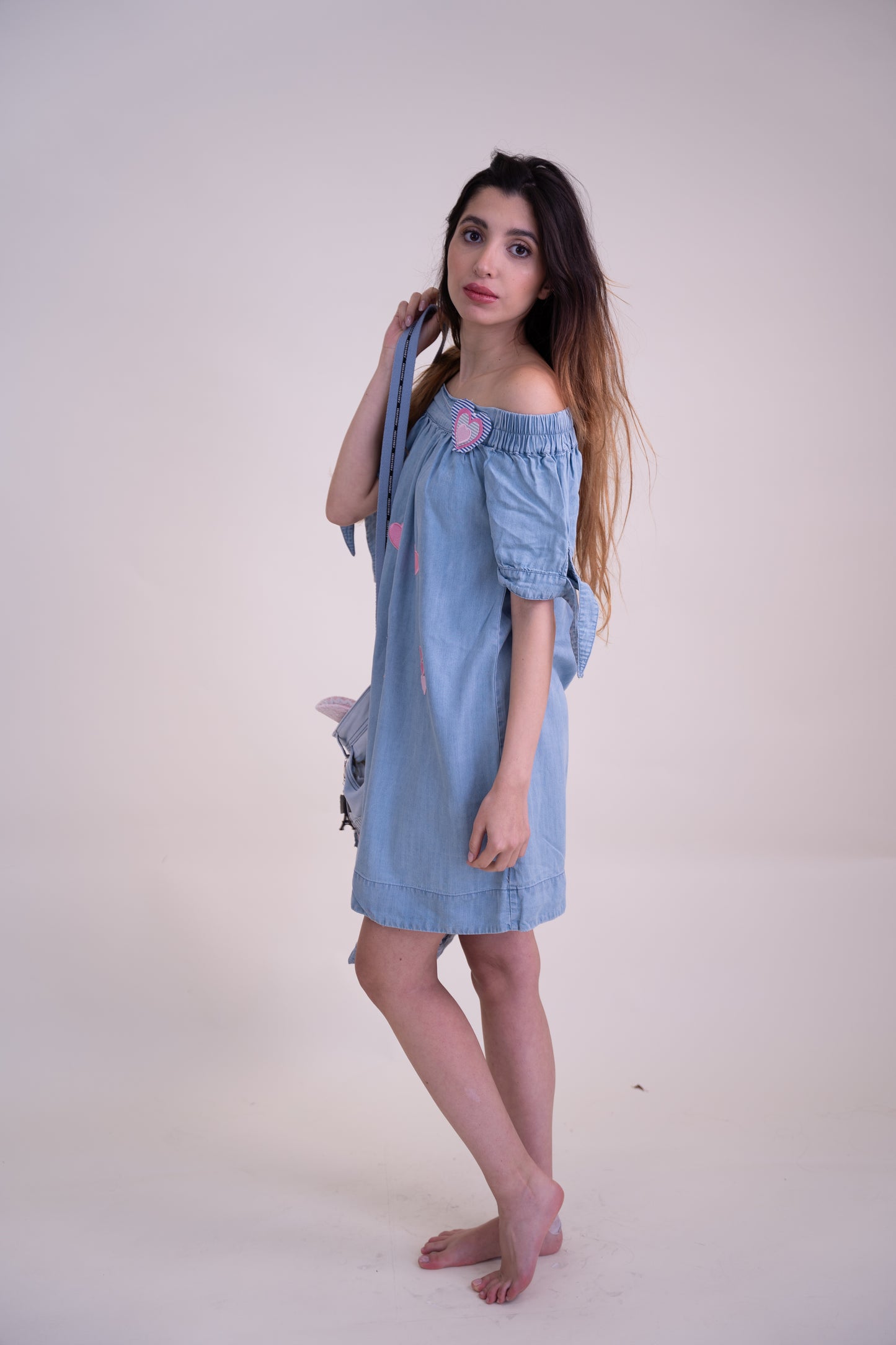 Upcycled Sky Blue Off-Shoulder Dress with Playful Parisian Embroidery