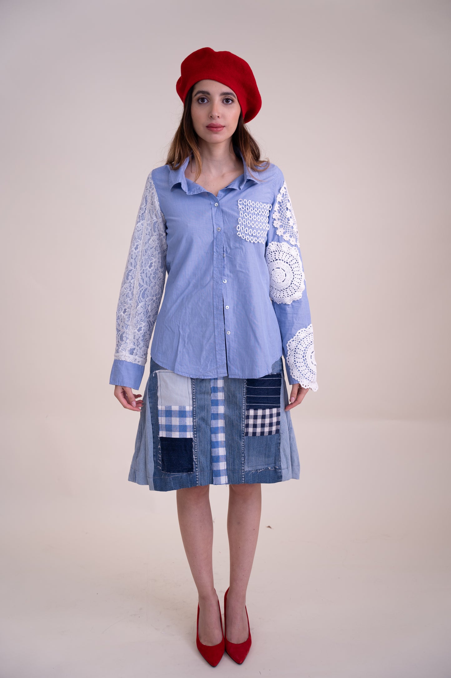 Upcycled Sky Blue Long-Sleeve Shirt with Embroidered Lace