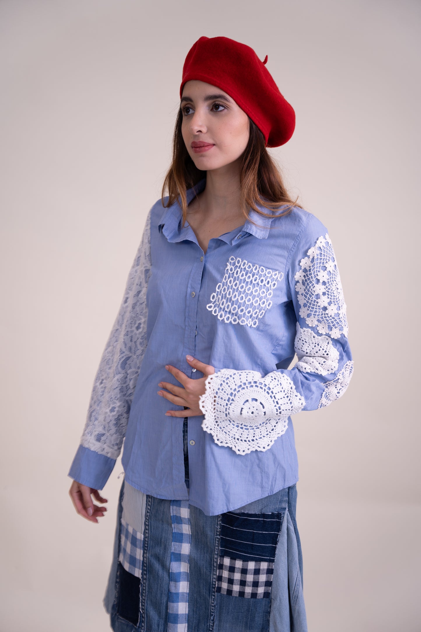 Upcycled Sky Blue Long-Sleeve Shirt with Embroidered Lace