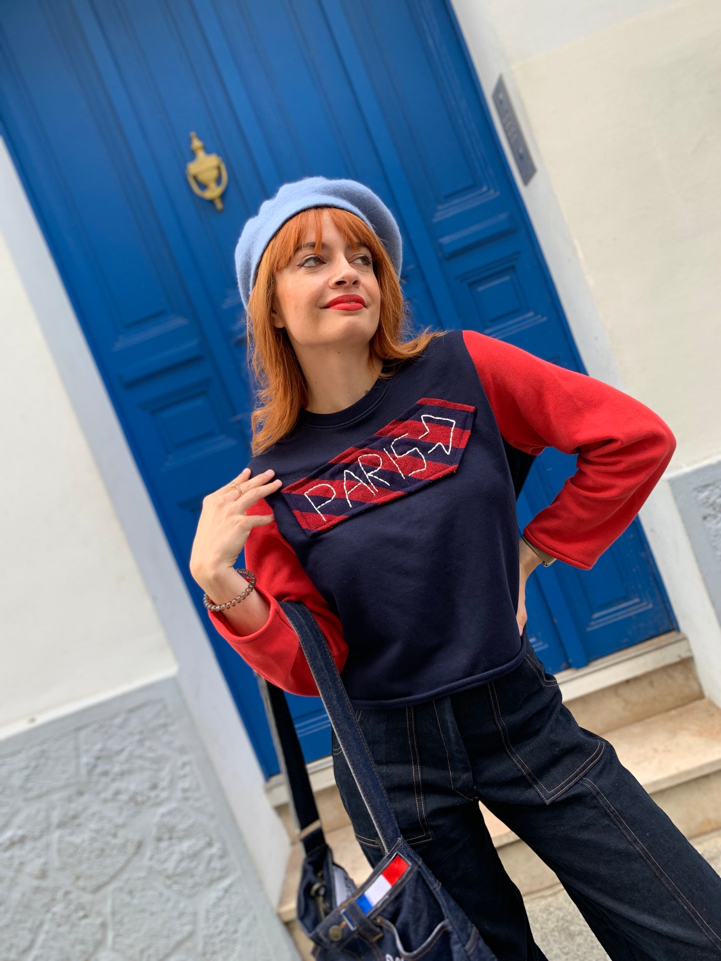 Upcycled Navy & Red Color-Sweater with Parisian “PARIS” Embroidery