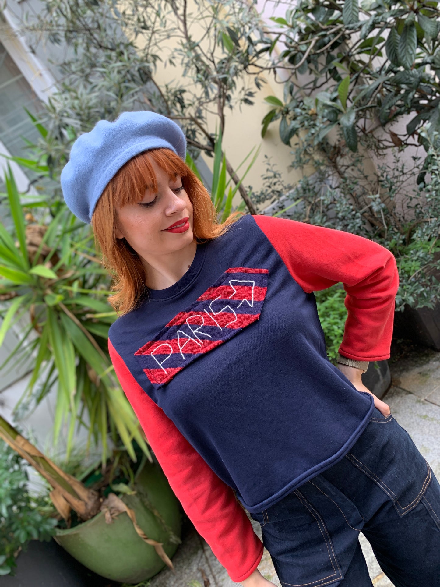 Upcycled Navy & Red Color-Sweater with Parisian “PARIS” Embroidery