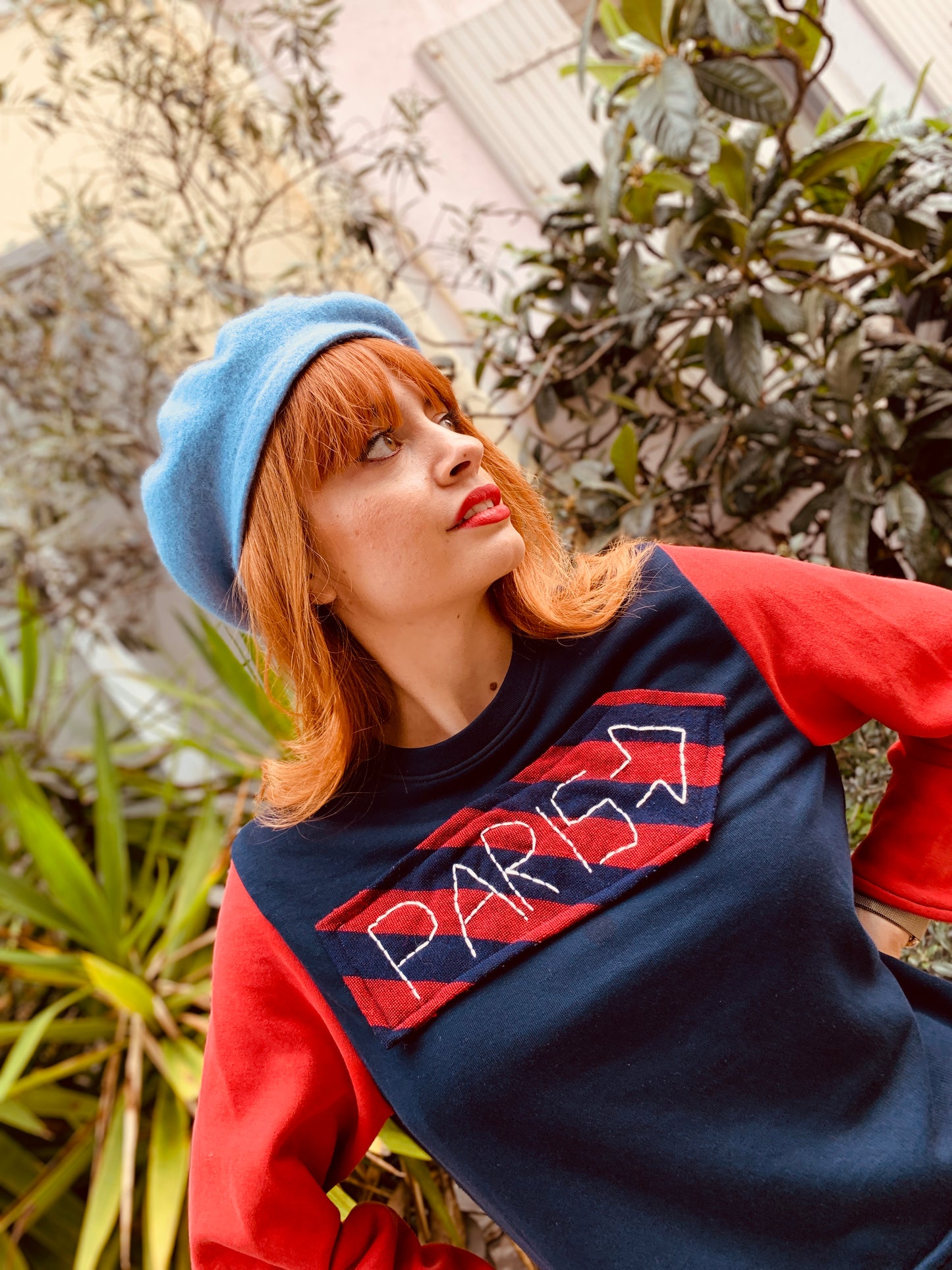 Upcycled Navy & Red Color-Sweater with Parisian “PARIS” Embroidery